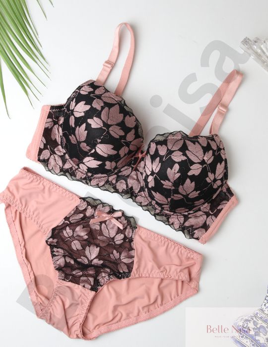 Elegant Padded Leaf Lace Bra & Panty Set – Colorful & Feminine
